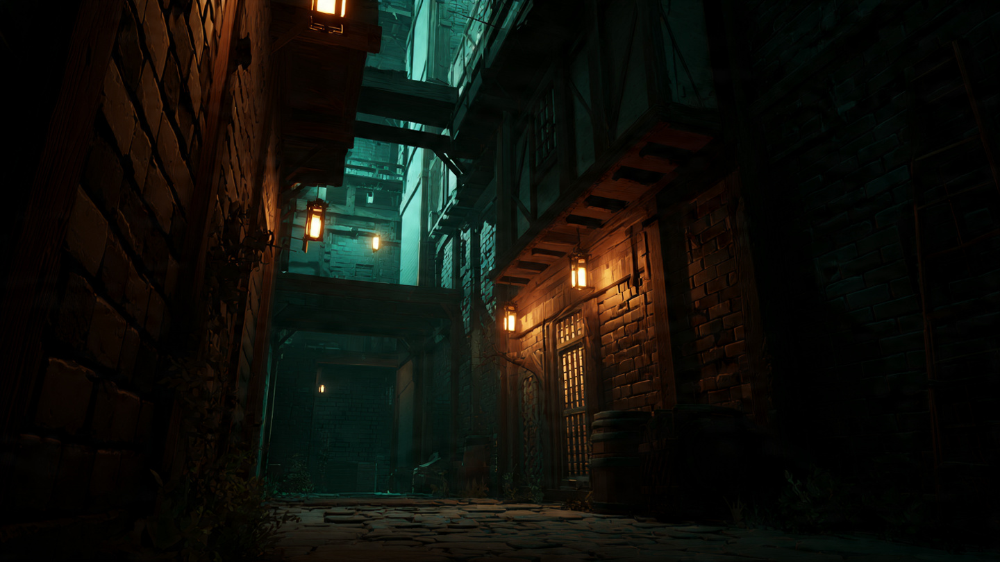 A shadowy labyrinthine medieval alleyway